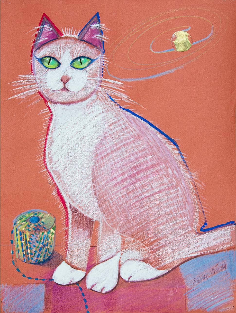 Obraz Izabelli Kierskiej pt. 'Biały Kot' - malarstwo przedstawiające białego kota